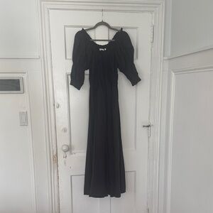 Doen Black Smocked Puff-Sleeve Maxi Dress